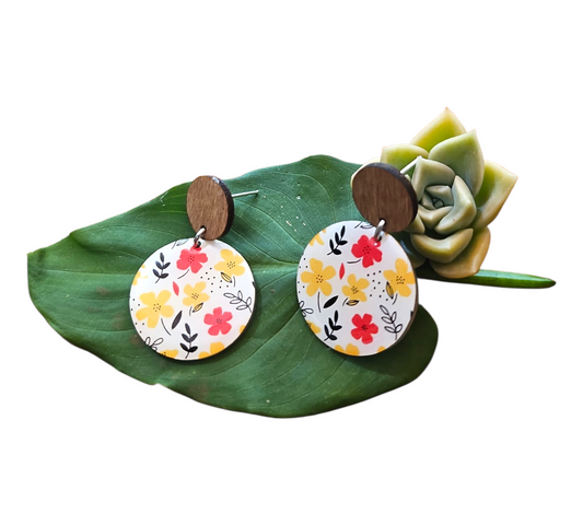 BRIGHT BLOOMS/WOOD ROUND EARRINGS (In Wooden Gift Box)