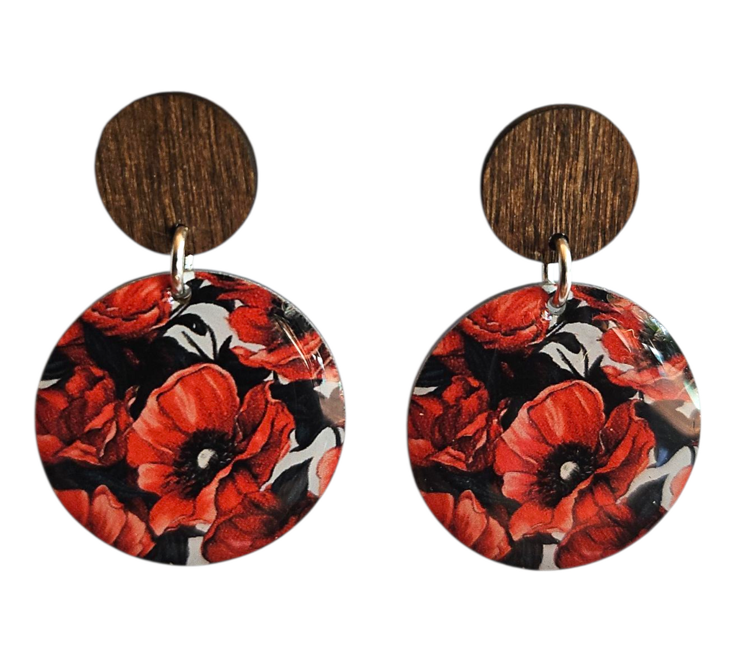RED POPPIES/WOOD ROUND EARRINGS (In Wooden Gift Box)