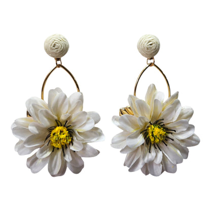 Daisy Hanging from Steel Loop Earring Set (White)