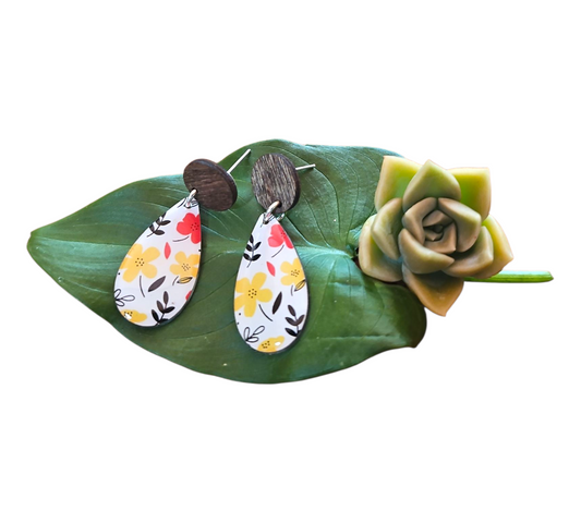 BRIGHT BLOOMS/WOOD TEARDROP EARRINGS (In Wooden Gift Box)