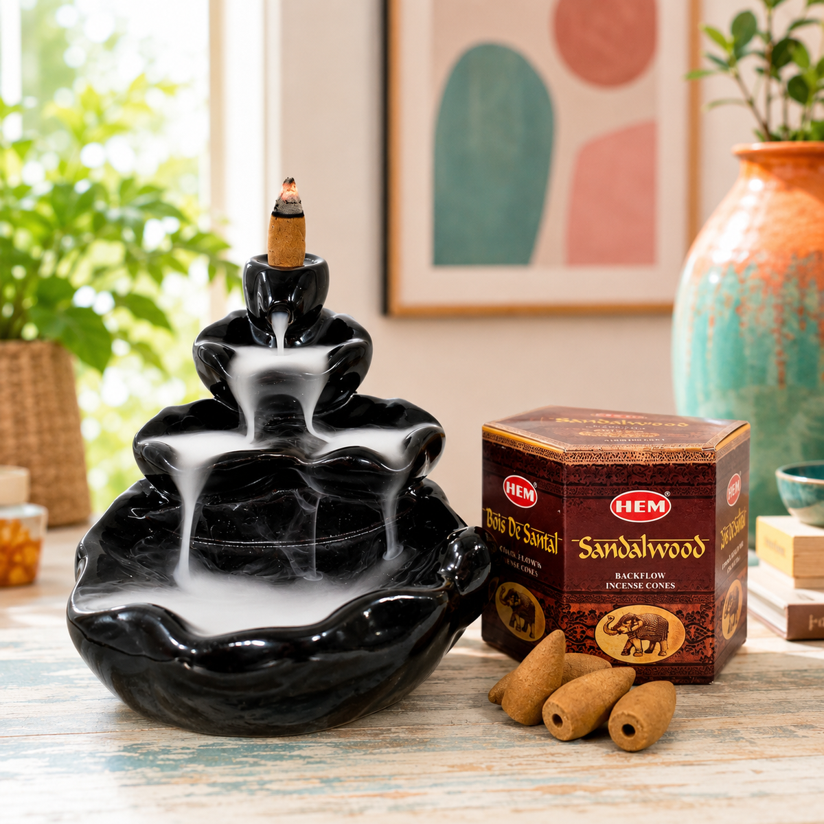 WATERFALL Backflow Incense Burner+SANDALWOOD Backflow Incense Cones COMBO