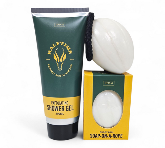 RUGBY EXFOLIATING SHOWER GEL(200ml) AND SOAP-ON-A-ROPE DUO