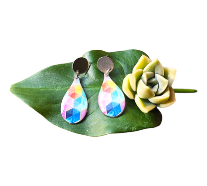 RAINBOW CUBES/METAL TEARDROP EARRINGS (In Wooden Gift Box)