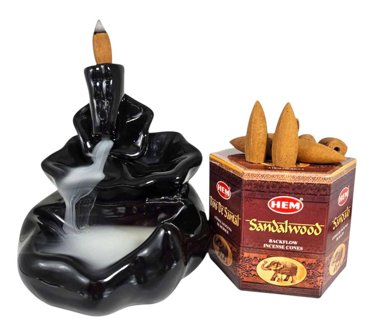WATERFALL Backflow Incense Burner+SANDALWOOD Backflow Incense Cones COMBO
