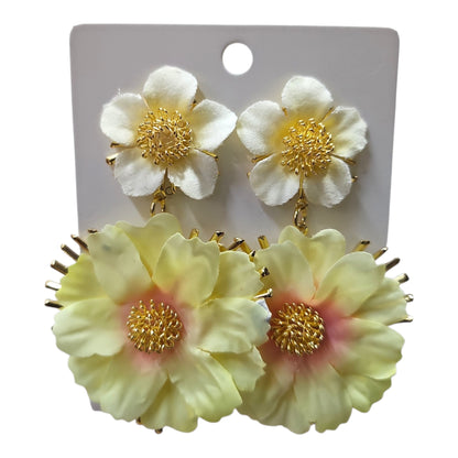 Double Daisy Hanging on Metal Backing Earring Set (Yellow) — view 3
