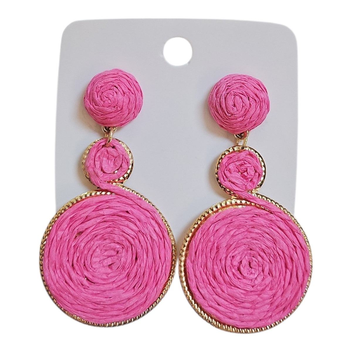 Woven Hanging Triple Loop on Metal Base Earrings Set (Pink) — view 3