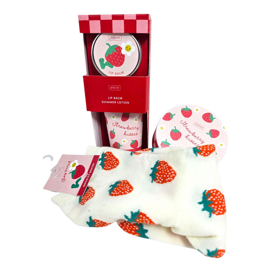 STRAWBERRY KISSES Lip Balm/Shimmer Lotion/Body Scrub/ Socks Set
