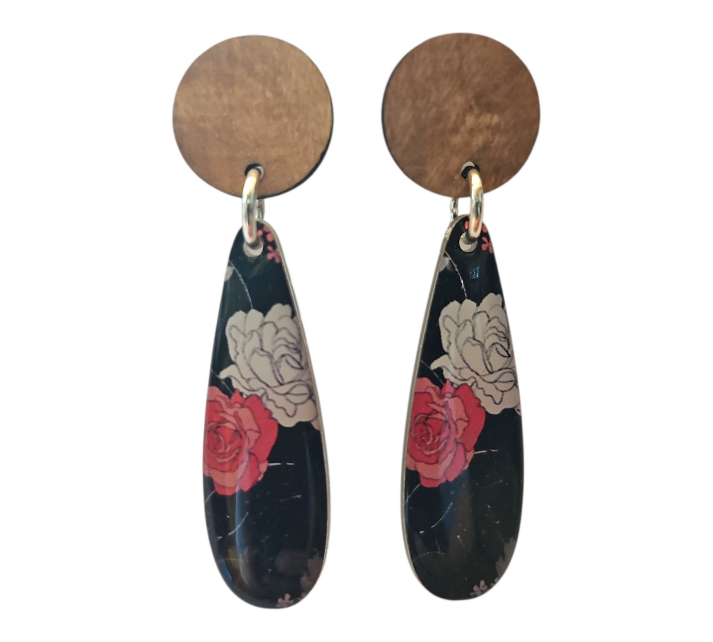 WHITE & RED ROSE/WOOD SLIM DROP EARRINGS (In Wooden Gift Box)