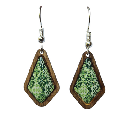 GREEN LACE/DIAMOND WOOD FRAME EARRINGS (In Wooden Gift Box)