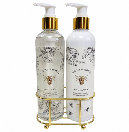 Neroli & Honey HAND WASH and HAND LOTION Duo on Gold Stand
