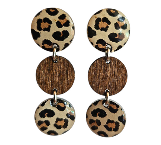 LEOPARD PRINT/WOOD TRIO DROP EARRINGS (In Wooden Gift Box)