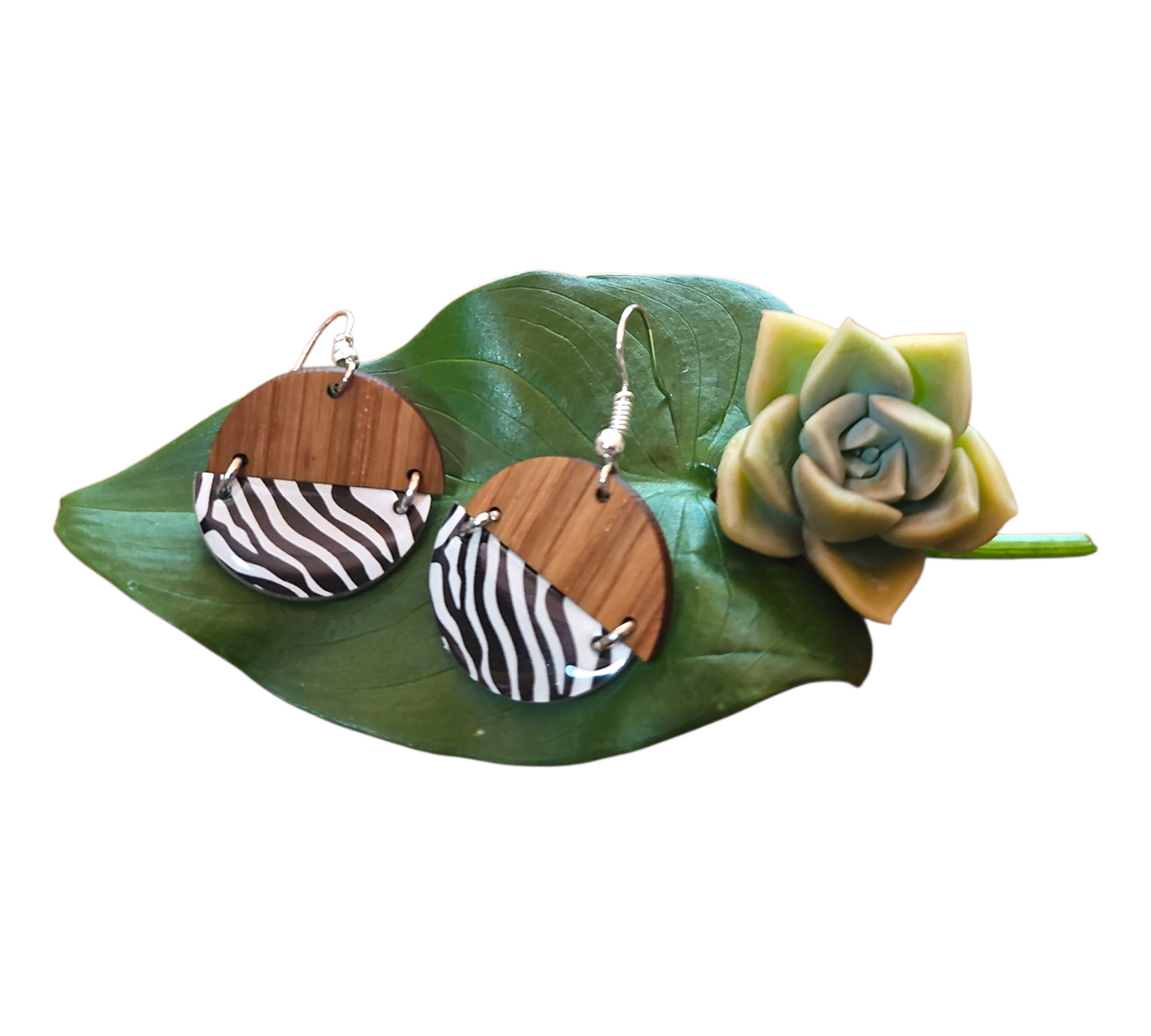 ZEBRA/WOOD HALF CIRCLES HINGED EARRINGS (In Wooden Gift Box)