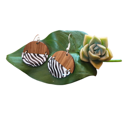 ZEBRA/WOOD HALF CIRCLES HINGED EARRINGS (In Wooden Gift Box)