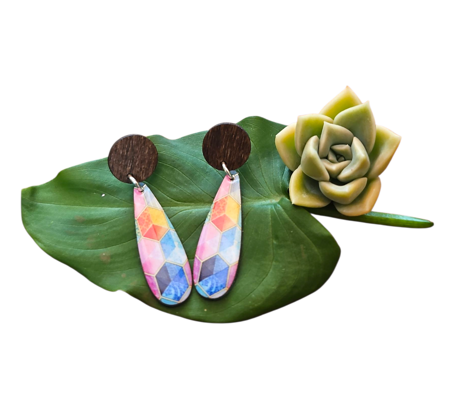 RAINBOW CUBES/WOOD SLIM DROP EARRINGS (In Wooden Gift Box)