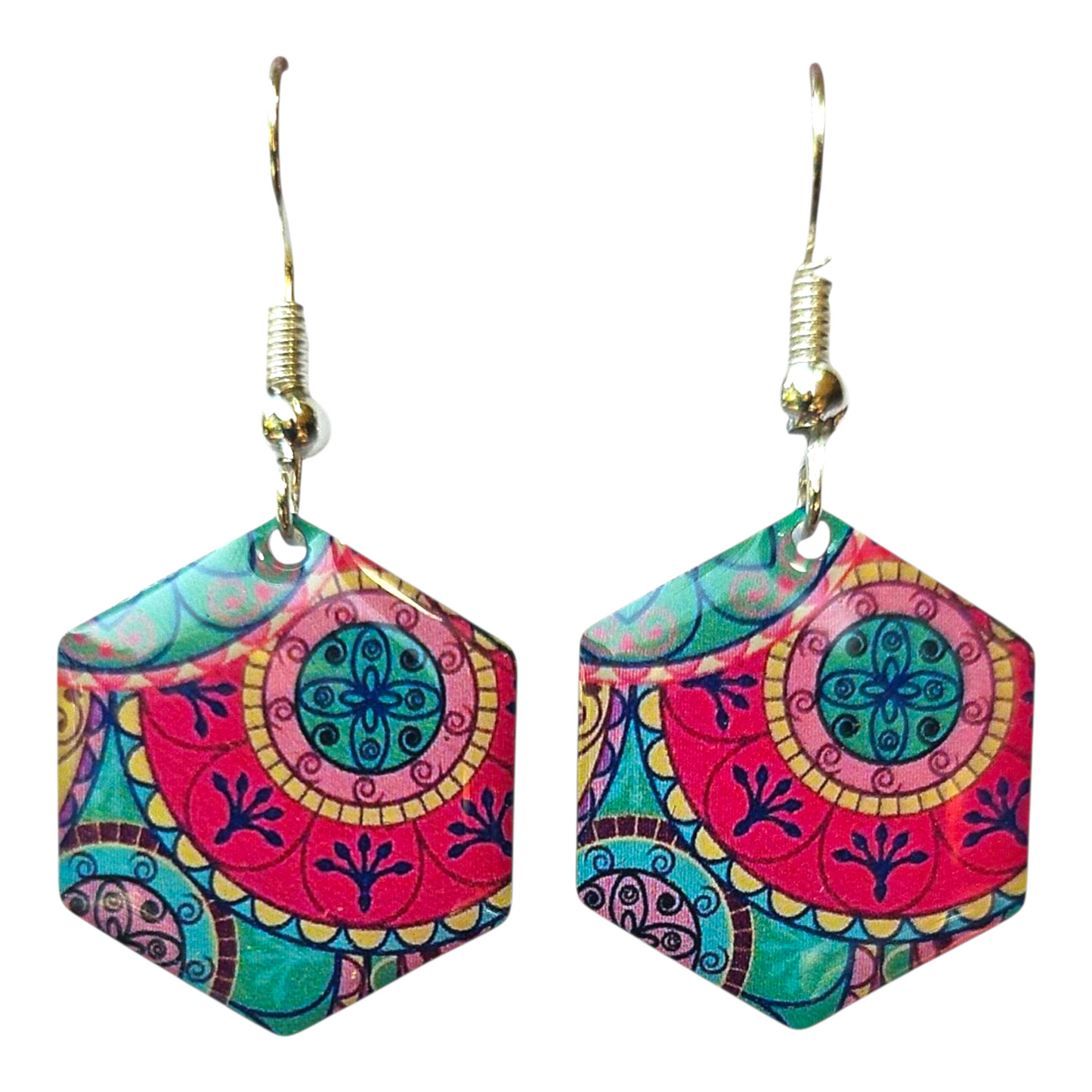 TRENDY PINK & BLUE HEXAGON EARRINGS (In Wooden Gift Box)