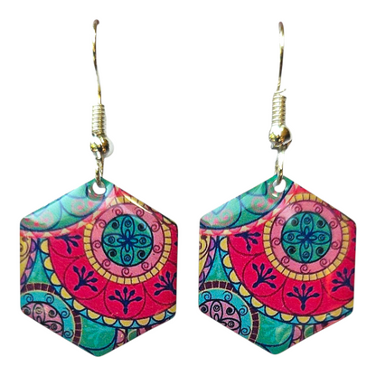TRENDY PINK & BLUE HEXAGON EARRINGS (In Wooden Gift Box)