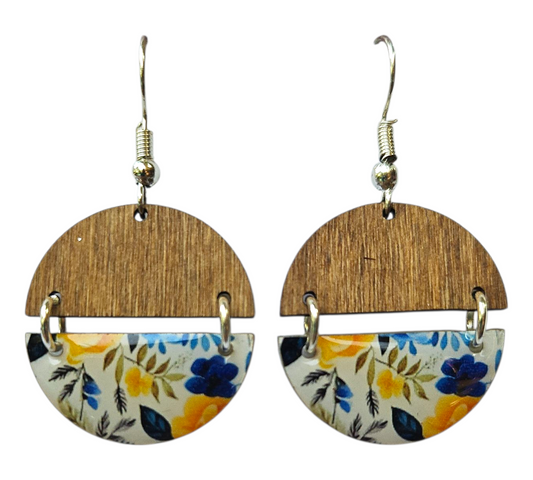 CHEERFUL FLORAL/WOOD HALF CIRCLES HINGED EARRINGS (In Wooden Gift Box)