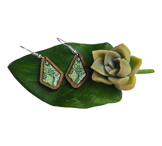 GREEN LACE/DIAMOND WOOD FRAME EARRINGS (In Wooden Gift Box)