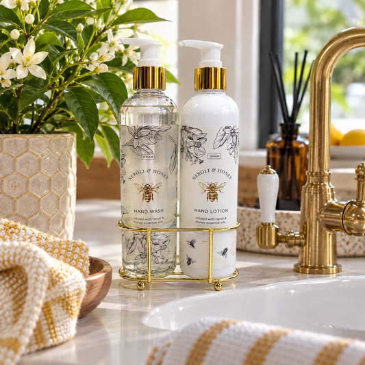 Neroli & Honey HAND WASH and HAND LOTION Duo on Gold Stand
