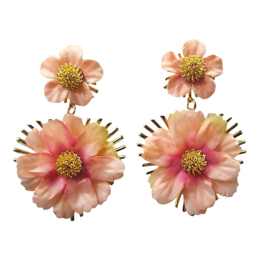 Double Daisy Hanging on Metal Backing Earring Set (Pink)