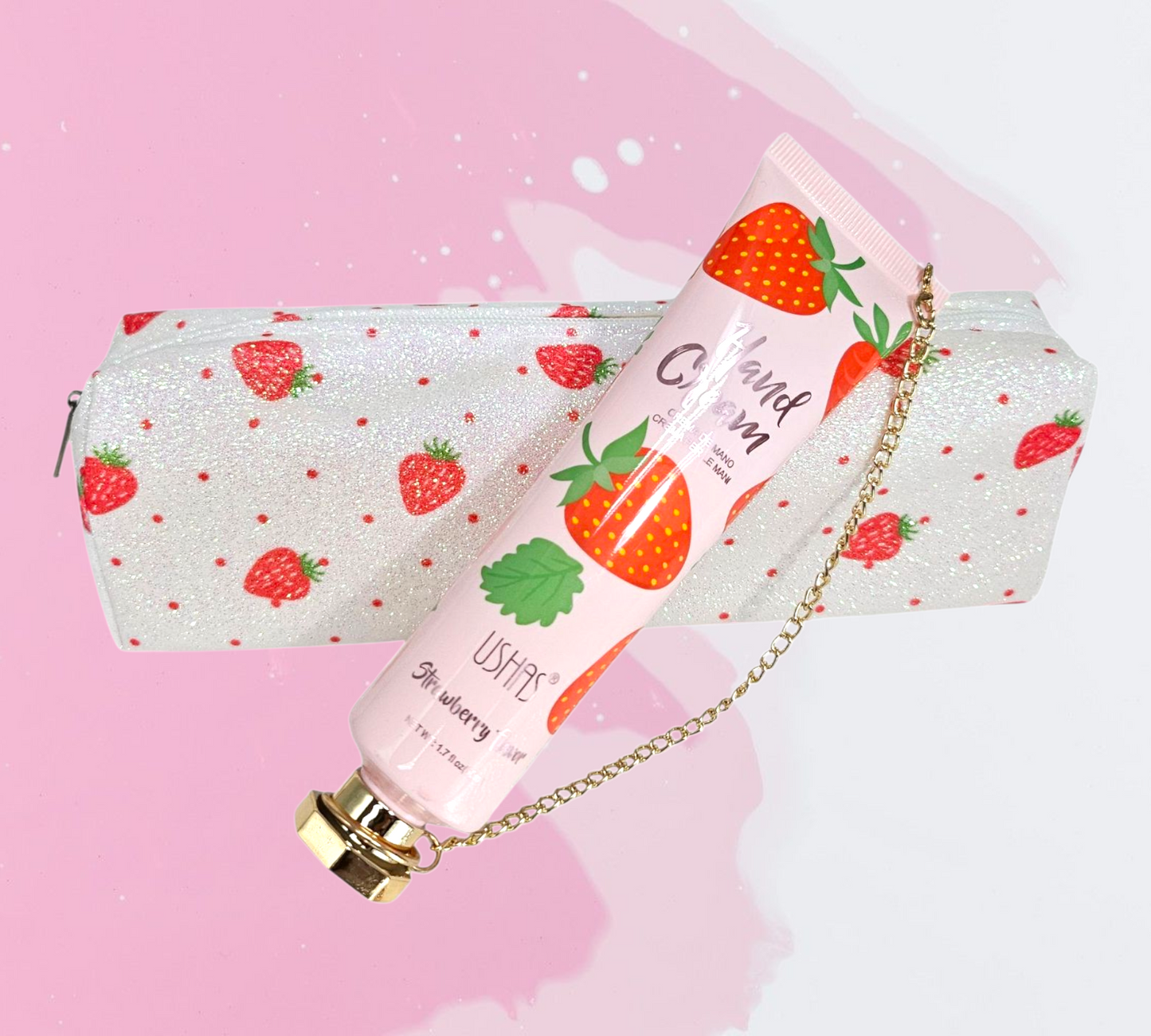 STRAWBERRY KISSES Glitter Pencil Bag/Hand Cream DUO