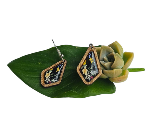 MIDNIGHT BLOOM/WOOD FRAME EARRINGS (In Wooden Gift Box)