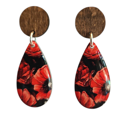 RED POPPIES/WOOD TEARDROP EARRINGS (In Wooden Gift Box)