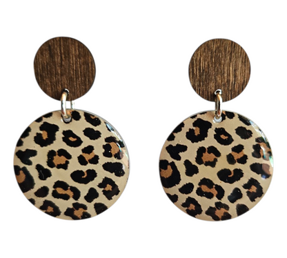 LEOPARD PRINT/WOOD ROUND EARRINGS (In Wooden Gift Box)