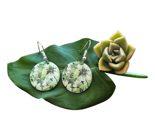 FRESH GREEN FLORAL ROUNDS EARRINGS (In Wooden Gift Box)