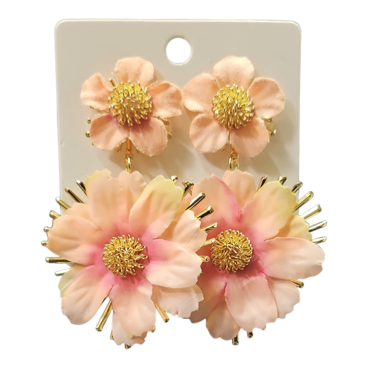 Double Daisy Hanging on Metal Backing Earring Set (Pink) — view 3