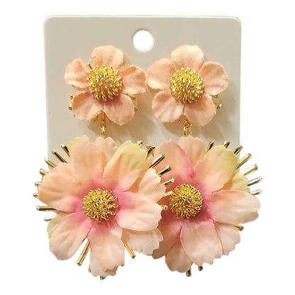 Double Daisy Hanging on Metal Backing Earring Set (Pink) — view 3