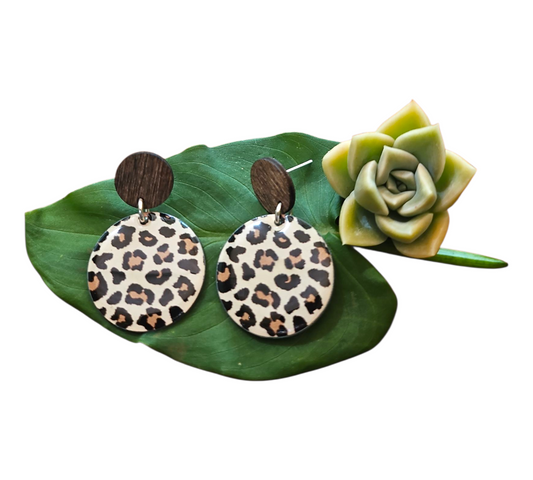 LEOPARD PRINT/WOOD ROUND EARRINGS (In Wooden Gift Box)