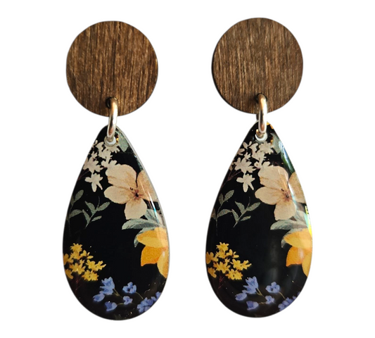 MIDNIGHT BLOOM/WOOD TEARDROP EARRINGS (In Wooden Gift Box)