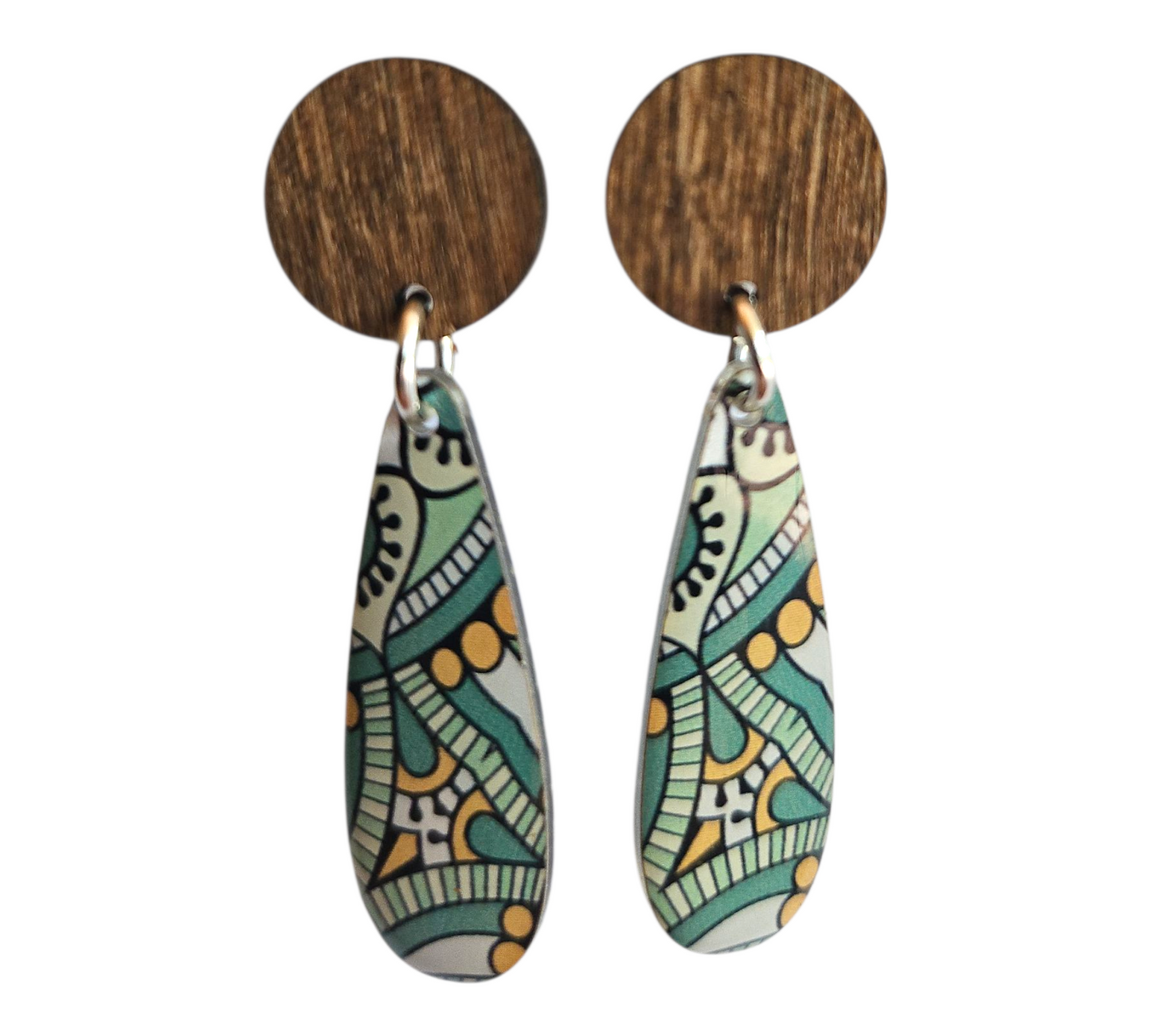 TRIBAL GREEN/WOOD SLIM DROP EARRINGS (In Wooden Gift Box)