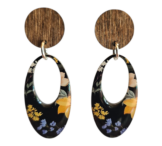 MIDNIGHT BLOOM/WOOD HOLLOW OVAL EARRINGS (In Wooden Gift Box)