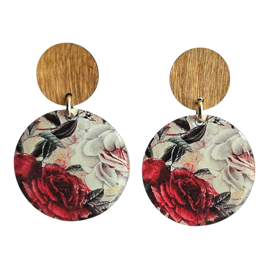CLASSIC ROSE/WOOD ROUND EARRINGS (In Wooden Gift Box)