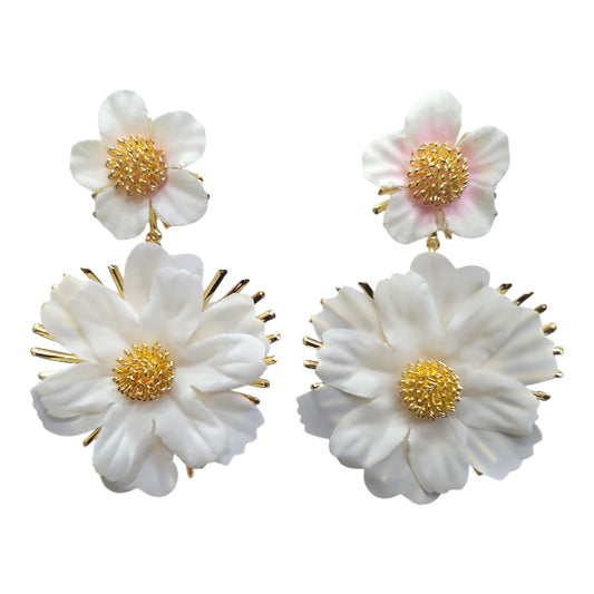 Double Daisy Hanging on Metal Backing Earring Set (White)
