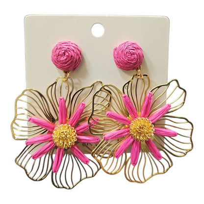 Woven Daisy on Metal Floral Backing Hanging Earrings Set (Pink)