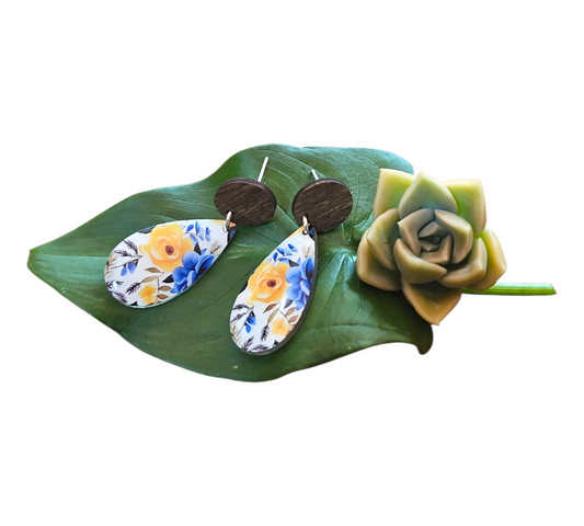 CHEERFUL FLORAL/WOOD TEARDROP EARRINGS (In Wooden Gift Box)