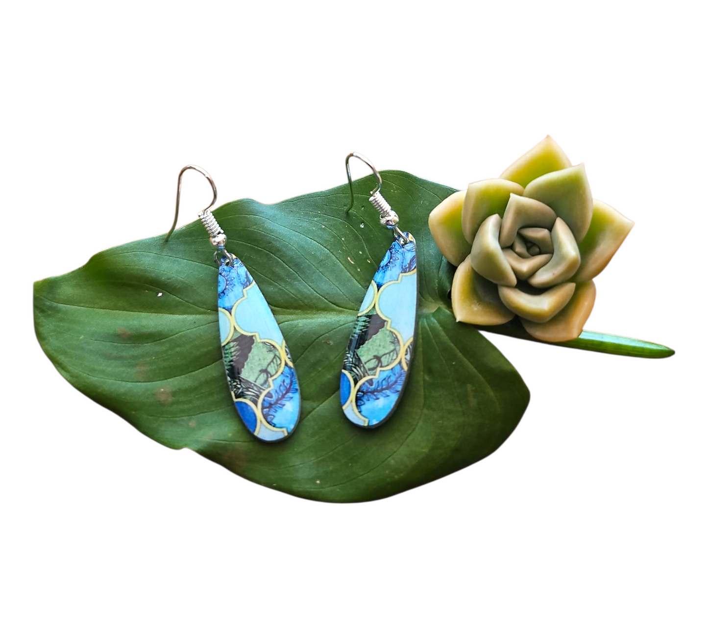 TROPICAL LAGOON SLIM DROP EARRINGS (In Wooden Gift Box)