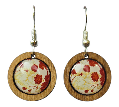 FLORAL ESSENCE/ROUND WOOD FRAME EARRINGS (In Wooden Gift Box)