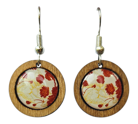FLORAL ESSENCE/ROUND WOOD FRAME EARRINGS (In Wooden Gift Box)