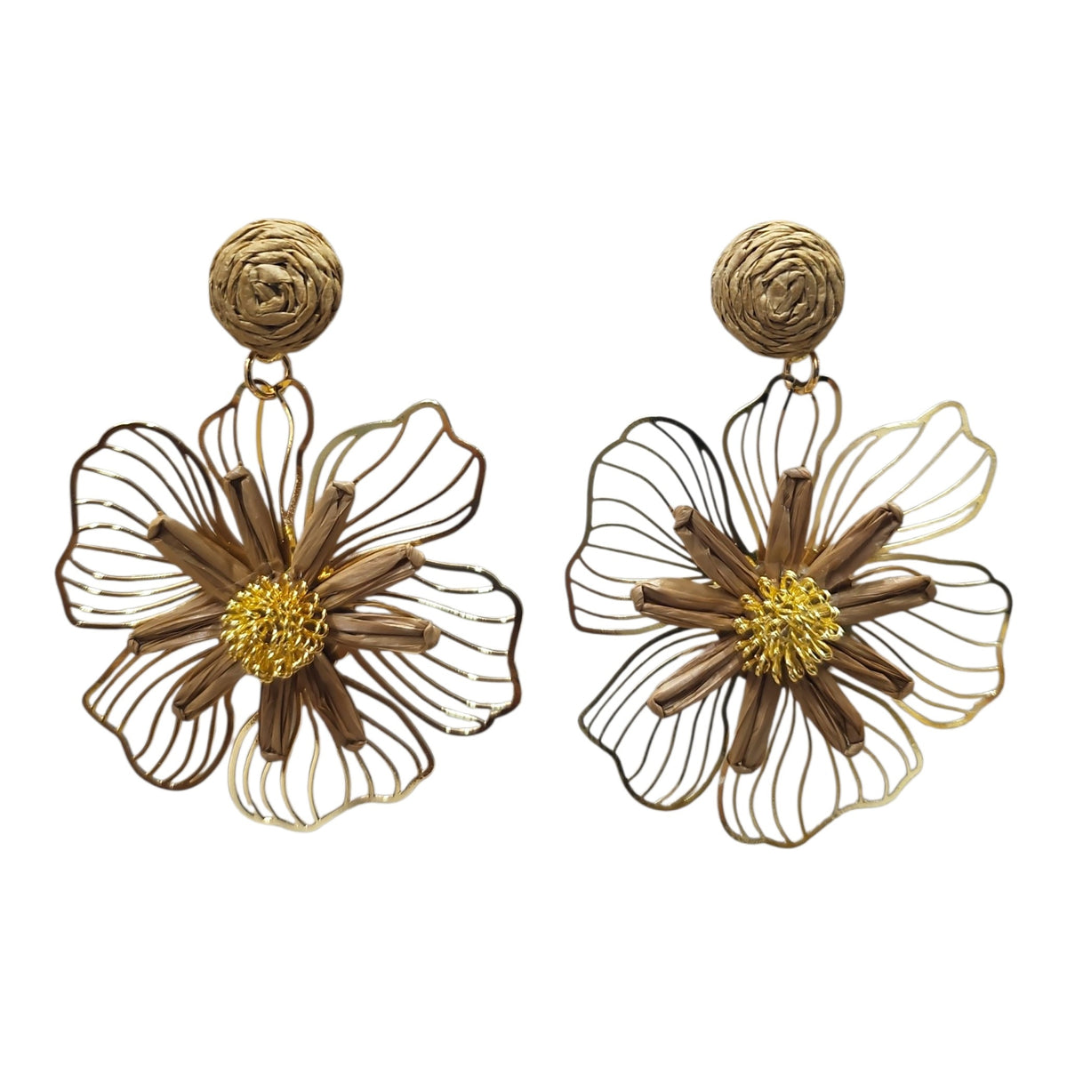 Woven Daisy on Metal Floral Backing Hanging Earrings Set (Brown) — view 2