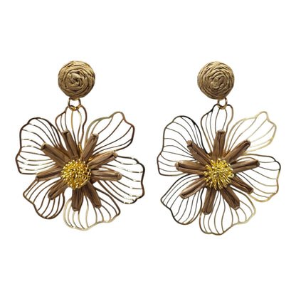 Woven Daisy on Metal Floral Backing Hanging Earrings Set (Brown) — view 2