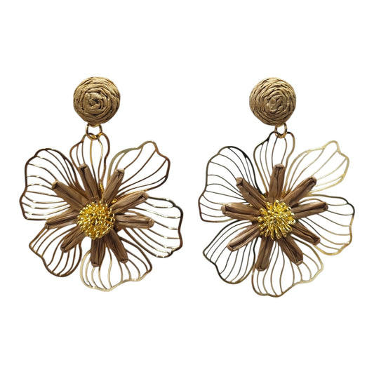Woven Daisy on Metal Floral Backing Hanging Earrings Set (Brown)