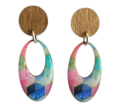 RAINBOW CUBES/WOOD HOLLOW OVAL EARRINGS (In Wooden Gift Box)