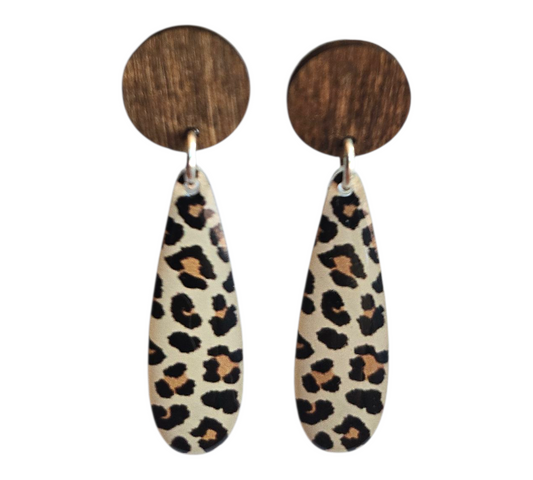 LEOPARD PRINT/WOOD SLIM DROP EARRINGS (In Wooden Gift Box)