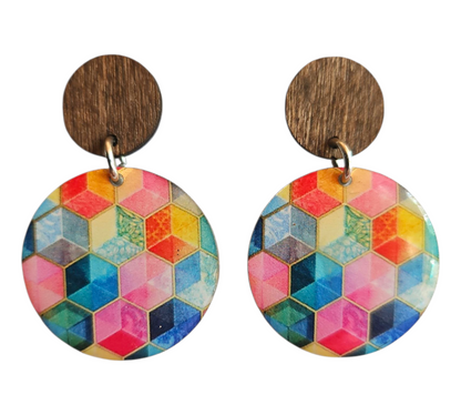 RAINBOW CUBES/WOOD ROUND EARRINGS (In Wooden Gift Box)