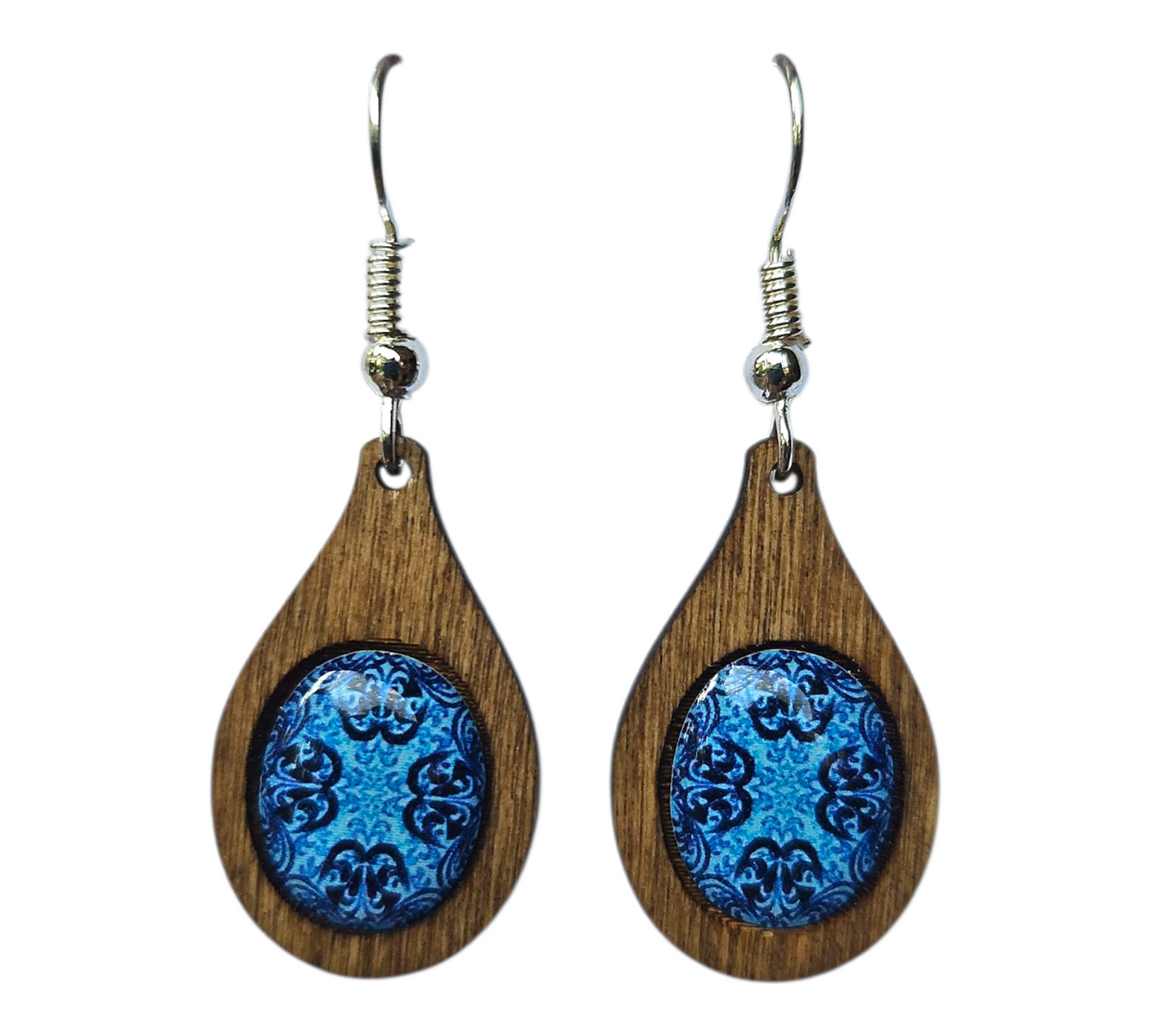 BLUE MOSAIC/TEARDROP WOOD FRAME EARRINGS (In Wooden Gift Box)