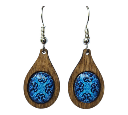 BLUE MOSAIC/TEARDROP WOOD FRAME EARRINGS (In Wooden Gift Box)